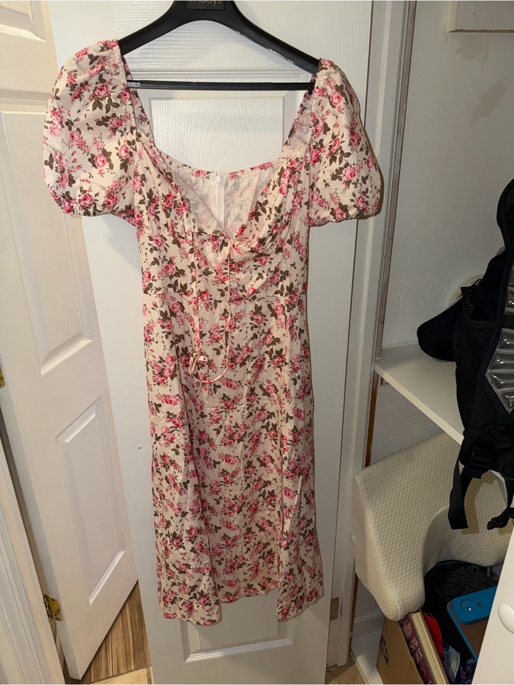 Floral Puff-Sleeve Midi Dress - Pink Floral